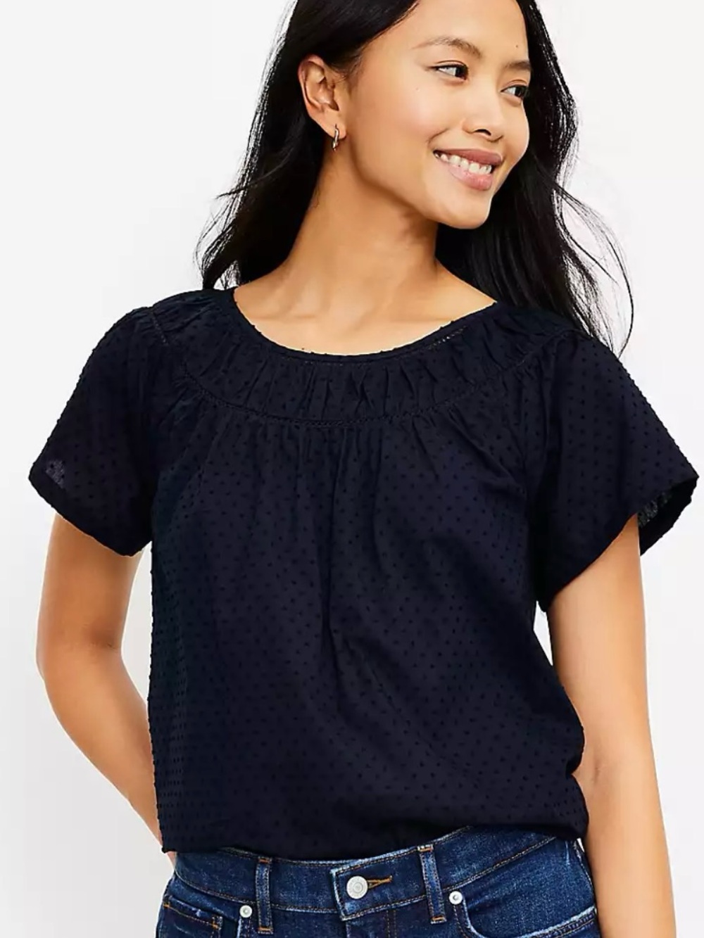 **NWT** Loft Woven Short-Sleeve  Blue Swiss Dot Top - Size M